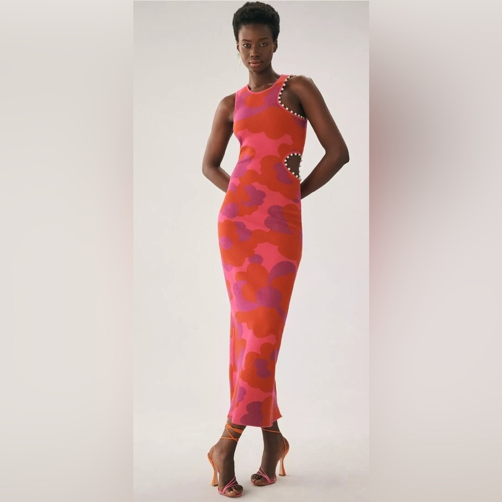 Anthropologie Wolf Gang Women's US XS Crewneck Cutout Midi Dress Pink Combo